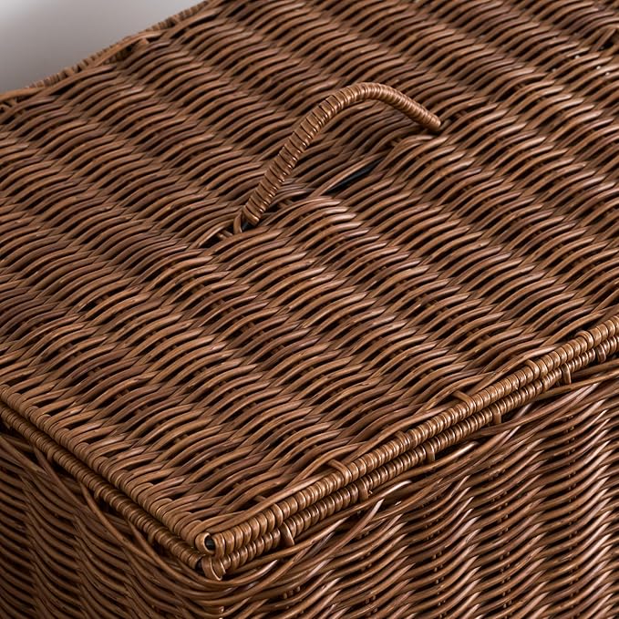 Joseph Rectangular Laundry Basket with Lid – Resin Wicker Hamper for Bedroom or Bathroom, Espresso Brown, 17"x24"