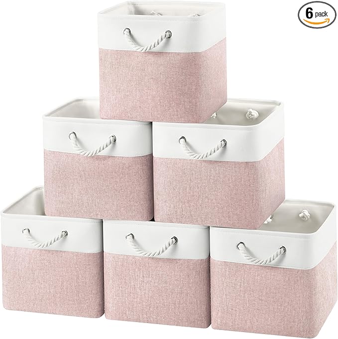 12x12 Storage Cube Bins, 6 Pack Reinforced Bottom Cardboard Foldable Box, Organizer for Closet Shelves, Heavy Home Storage Baskets (White Pink)