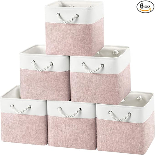 12x12 Storage Cube Bins, 6 Pack Reinforced Bottom Cardboard Foldable Box, Organizer for Closet Shelves, Heavy Home Storage Baskets (White Pink)