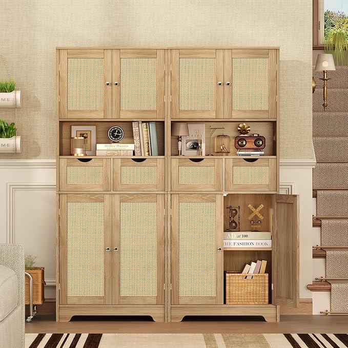 WEENFON 57.8" H Tall Storage Cabinet with 2 Drawers & 2 Adjustable Shelves, Rattan Cabinets with 4 Doors, Cupboard, Kitchen Cabinets, Pantry Cabinet, Tall Cabinet for Living Room, Entryway, Natural