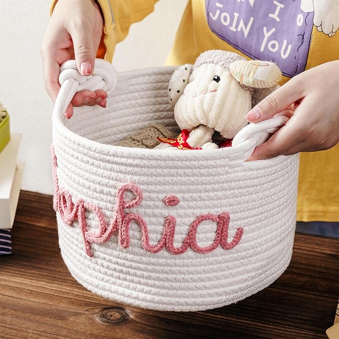 JUPPE Custom Baby Shower Basket, Personzlized Basket with Baby Name, Baby Boy Girl Storage Organizer Cotton Rope Nursery Decor Newborn Gift (style 1) (Style 5)