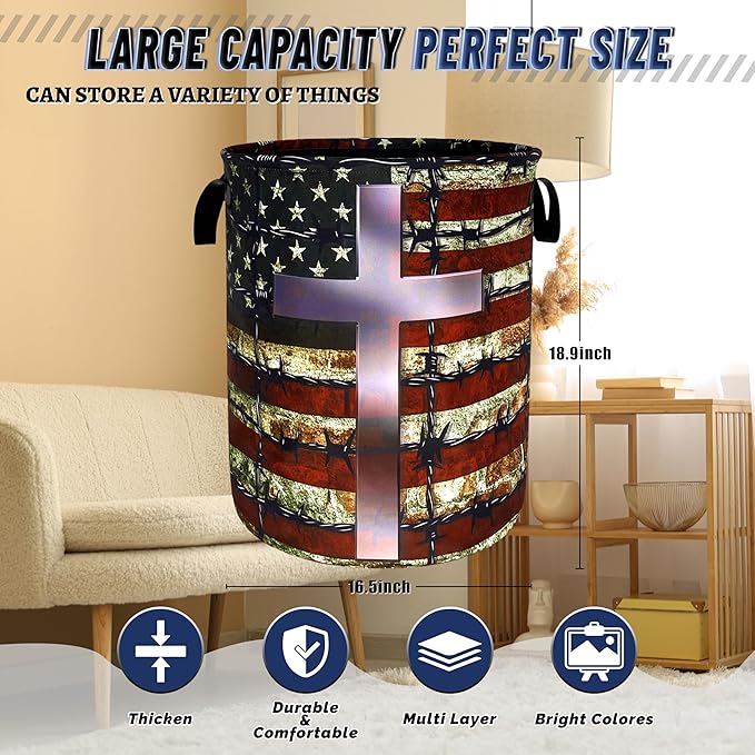 American Flag Cross Laundry Basket Foldable Christian Laundry Hamper With Handle Oxford Cloth Portable Clothes Storage Basket Laundry Bag 18.9"x16.5" For Laundry Room/Bedroom/Bathrooms