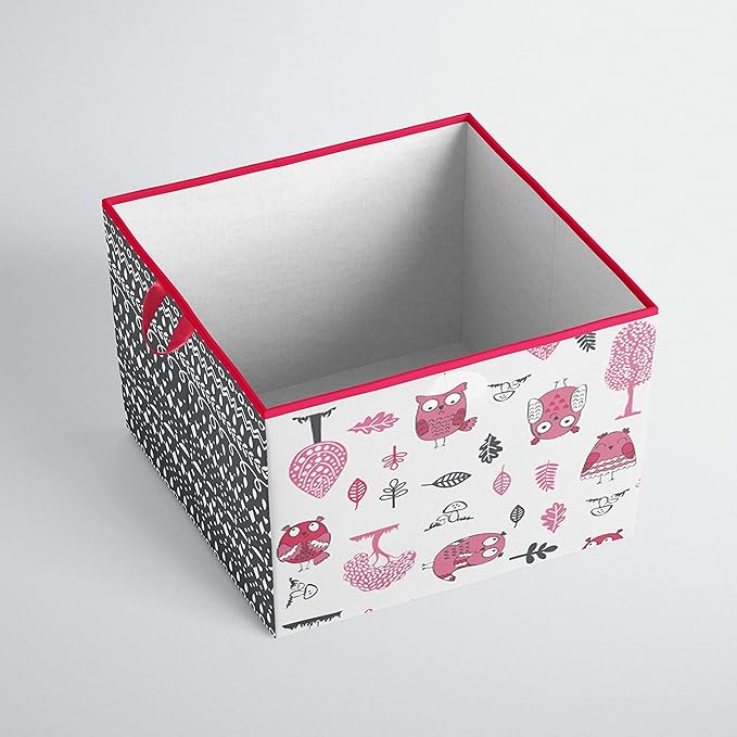 Bacati - Large Storage Tote Owls in the Woods Pink/Grey 14 X 14 X 10 inches