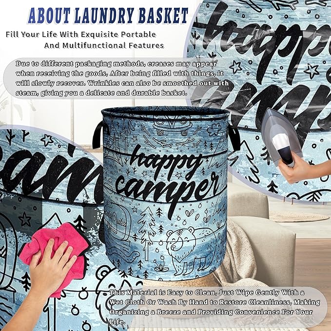 Retro Camping Printed Laundry Basket Foldable Bears Funny Laundry Hamper With Handle Oxford Cloth Portable Clothes Storage Basket Laundry Bag 18.9"x16.5" For Laundry Room/Bedroom/Bathrooms