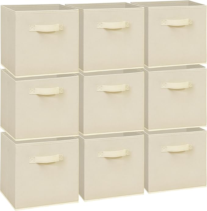 Easi 11 inch Cube Storage Bins, 9 Storage Cube Organizer, Collapsible Fabric storage cubes with Handles, Closet Storage Basket For Organization, Shelf Basket For Shelves Clothes Books, Beige