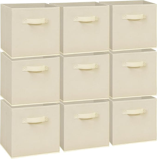 Easi 11 inch Cube Storage Bins, 9 Storage Cube Organizer, Collapsible Fabric storage cubes with Handles, Closet Storage Basket For Organization, Shelf Basket For Shelves Clothes Books, Beige