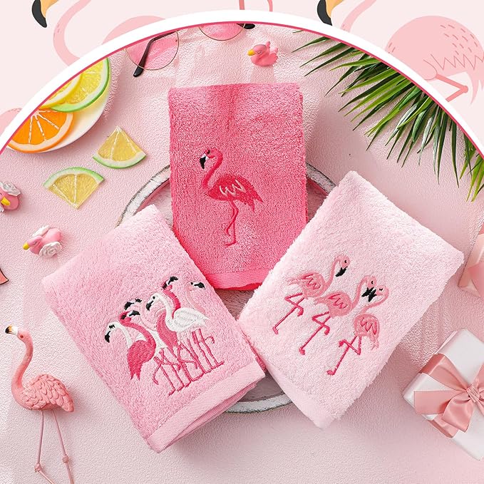 3 Pack Pink Flamingo Hand Towels for Bathroom 100% Cotton Embroidered Beach Bathroom Towels 13.78 x 29.53 Inch Soft Absorbent (Pink, Flamingo)