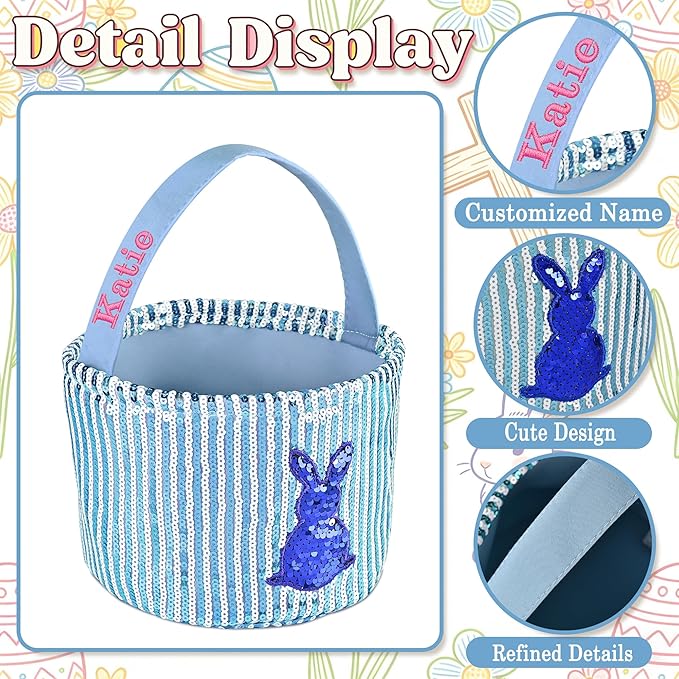 Personalized Easter Basket for Kids, Boys & Girls – Ideal for Egg Hunting & Easter Gift Storage (Blue Sequin Bunny Basket)