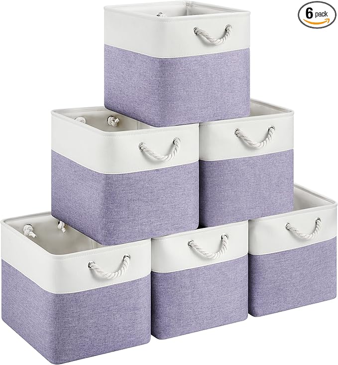 13x15x13 Storage Cube Bins, Heavy Duty Foldable Fabric Storage Bins with Handles and Metal Frame, 6 Pack Large Closet Organizer Bins for Clothes, Socks, Towels, White Purple