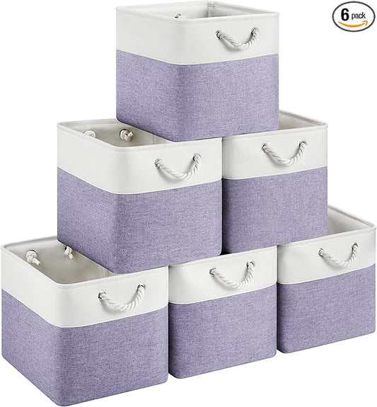 13x15x13 Storage Cube Bins, Heavy Duty Foldable Fabric Storage Bins with Handles and Metal Frame, 6 Pack Large Closet Organizer Bins for Clothes, Socks, Towels, White Purple