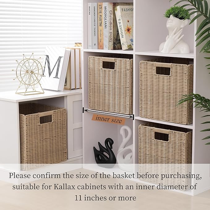 TAIMEI&G02 10.5 x 10.5 in Plastic Wicker Baskets for Cube Storage, Collapsible Square Wicker Storage Basket Set of 4, Rattan Storage Cube, Square Baskets for Shelves - Beige