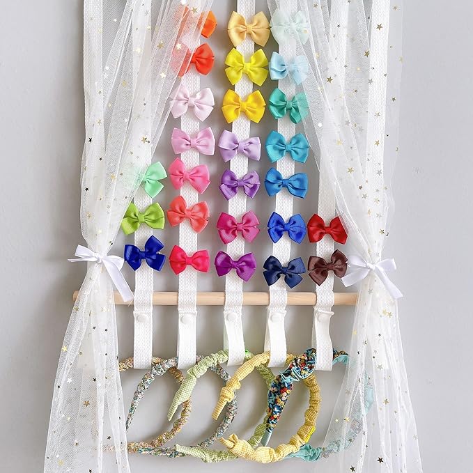 Hair Bow Organizer, Gold Star Canopy Design, White Tulle Curtain Display, Wall Mounted Storage for Baby Girls Headbands, Pink and Cream Scalloped Top (Blue)