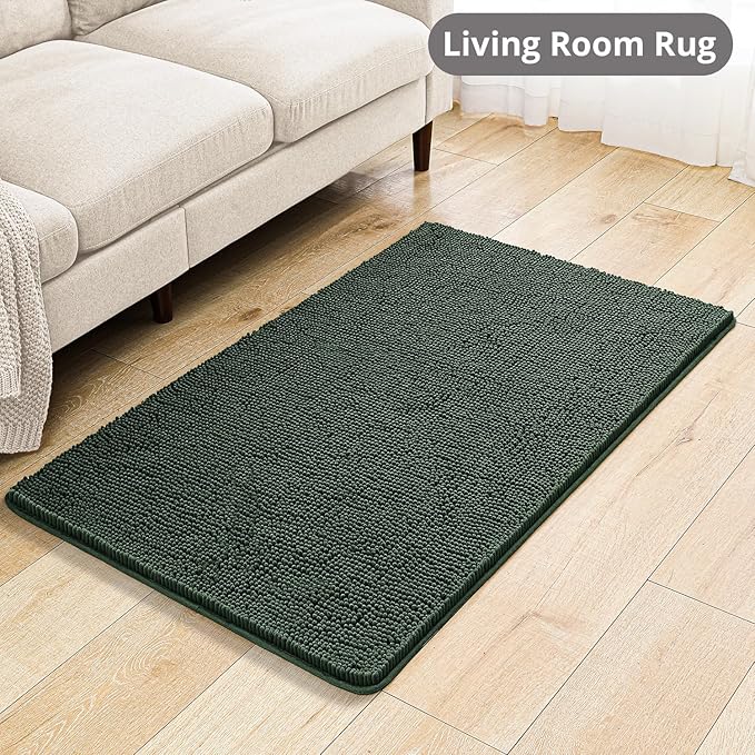 Hunter Green Bathroom Rugs 30"x50" - Large Plush Chenille Non-Slip Runner Bath Mat - Absorbent, Washable, Soft Decor for Shower, Sink, Tub, Floor, Home Accessories