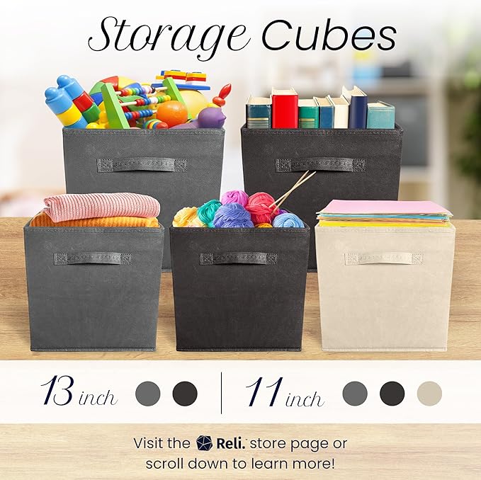 Reli. 13x13x13 Storage Cube Bins (8 Pack) | Large Cube Organizer Bins | 13x13 Fabric Storage Boxes | Fits Kallax | Collapsible, Foldable Fabric Cubby Box (Square) | Kids Room Organization (Dark Gray)