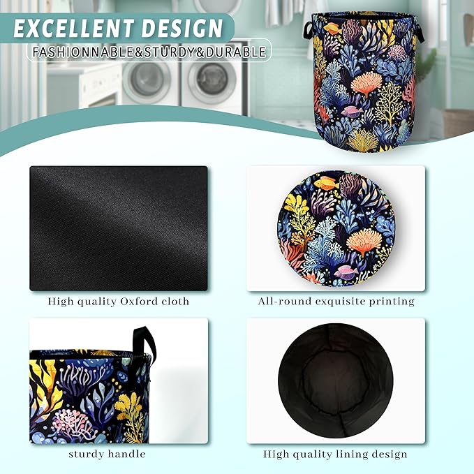 Colorful Coral Laundry Basket Foldable With Handles Tote Bag Oxford Cloth Marine Life Funny Laundry Hamper 18.9" x 16.5" Clothes Storage Bucket Toy Organizer For Bathroom/Laundry/Bedroom