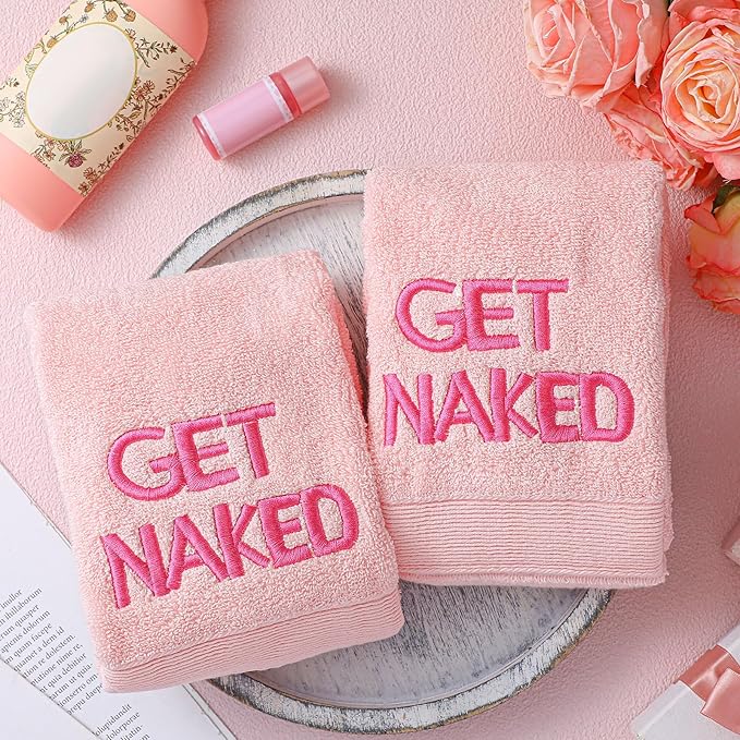 2 Pcs Pink Get Naked Hand Towels 100% Cotton Embroidered Bathroom Pink Towel Modern Decorative Housewarming Gifts, Funny Bathroom Decor 29 x 13 Inch