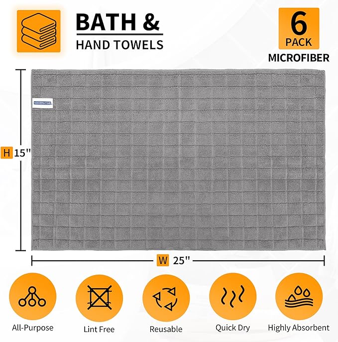 HOMERHYME Microfiber Hand Bath Towels, 6 Pack 25''*15'' Grey Bathroom Hand Towels, All-Purpose Quick Dry Lint Free Soft Absorbent Checkered Washcloth Fingertip Towels Bulk for Travel Gym Hotel