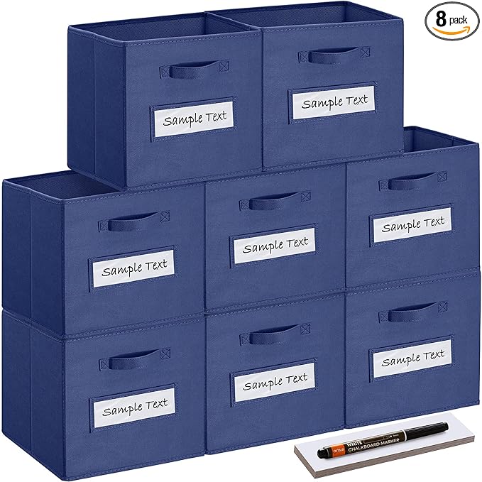 artsdi 13x13x13 storage cube bins(Set of 8) Fabric storage cubes with 8 Labels Window Cards & a Pen, storage cubes 13x13, Collapsible 13 inch cube storage bins, Cubby Boxes, Navy Blue