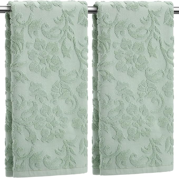 2 Pcs Quality Floral Jacquard Hand Towels Set for Bathroom Sage Green Hand Towels 100% Cotton Absorbent Decorative Weave Bath Decor Neutral Bathroom Decor Gift, 13.7 x 29.5 Inch
