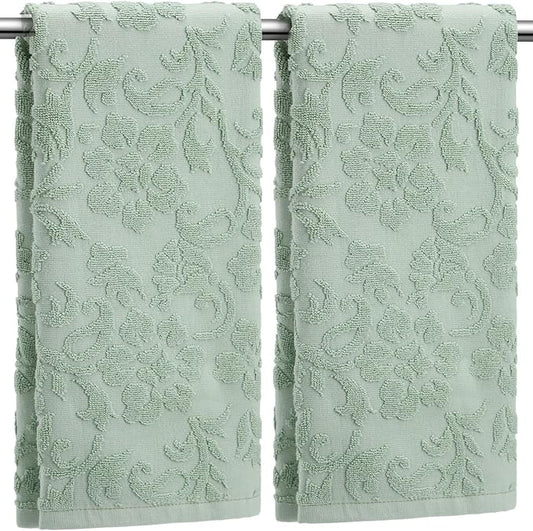 2 Pcs Quality Floral Jacquard Hand Towels Set for Bathroom Sage Green Hand Towels 100% Cotton Absorbent Decorative Weave Bath Decor Neutral Bathroom Decor Gift, 13.7 x 29.5 Inch