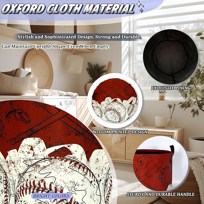 Red White Retro Baseball Laundry Basket Foldable Baseball Funny Laundry Hamper With Handle Oxford Cloth Portable Clothes Storage Basket Laundry Bag 18.9"x16.5" For Laundry Room/Bedroom/Bathrooms
