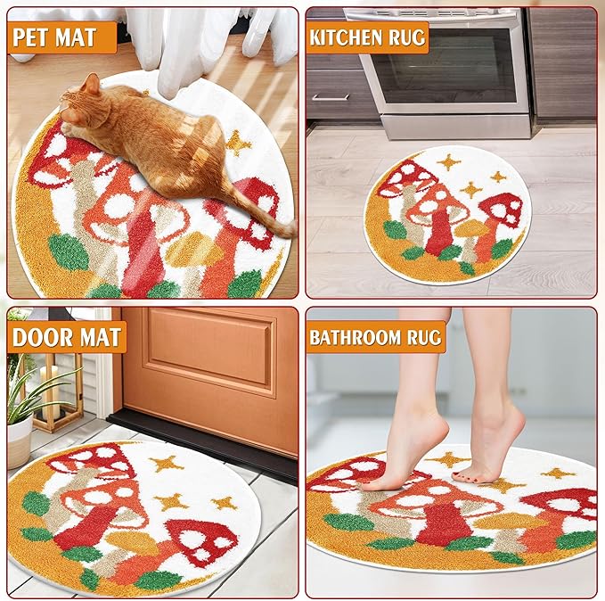Hexagram Mushroom Rug, Cottagecore Mushroom Decor for Home Gifts, Colorful Round Small Cute Bathroom Rug 22.4×22.4 Inch, Non Slip Washable Soft Fun Bath Mat for Bathtub, Shower Room, Bedroom, Door