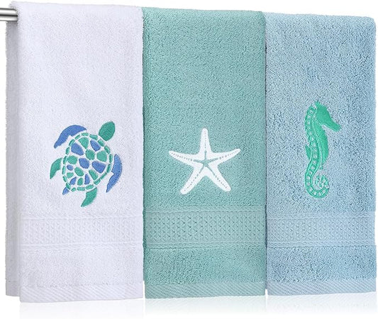 3 Pcs Ocean Beach Coastal Hand Towels for Bathroom Embroidered Bathroom Summer Towels Farmhouse Decorative 13. 78 x 29. 53 Inch Absorbent Soft Cotton for Kitchen Dish Fast Drying Decor