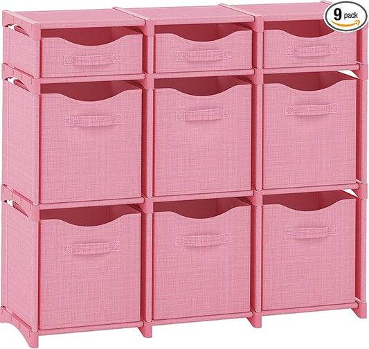 9 Cube Storage Organizer With Bins Included - Closet Storage With 9 Storage Bins - Easy To Assemble Storage Unit With Drawers - Closet Organization For Clothes, Bedroom, Nursery, & Toys (Pink)