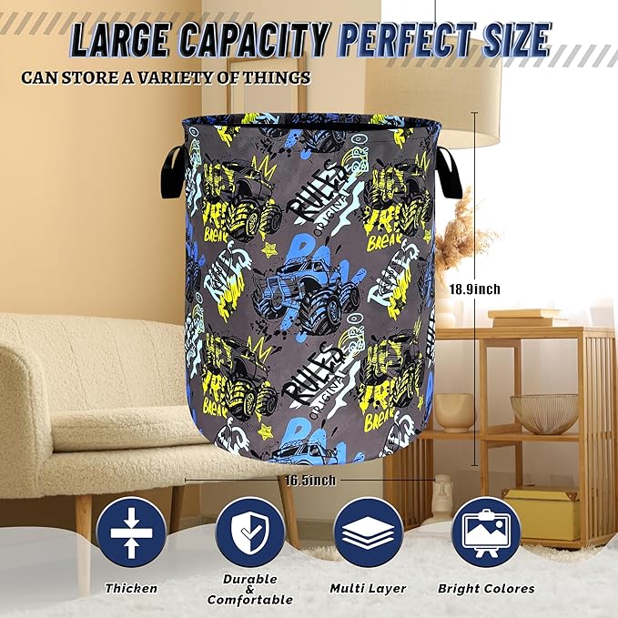 Funny Cars Pattern Laundry Basket Foldable Cartoon Colorful Laundry Hamper With Handle Oxford Cloth Portable Clothes Storage Basket Laundry Bag 18.9"x16.5" For Laundry Room/Bedroom/Bathrooms