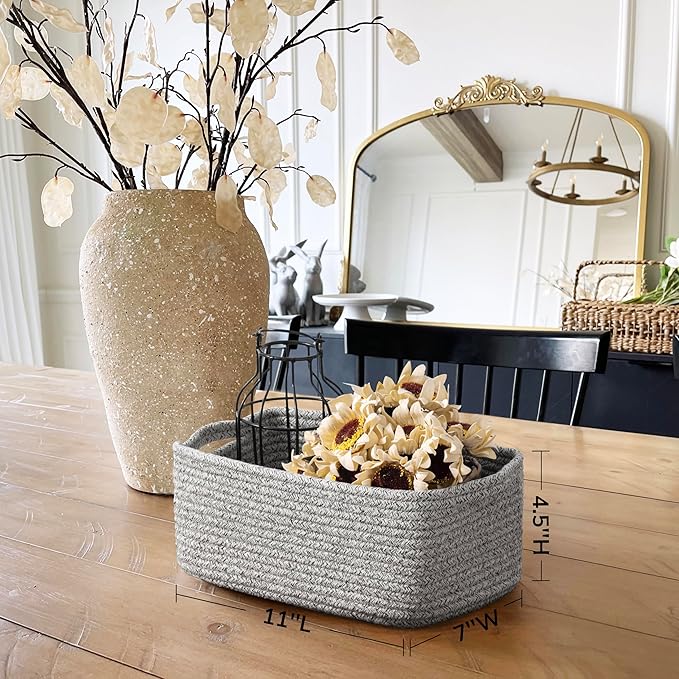 Goodpick Storage Baskets, Small Baskets for Organizing, Toy Storage for Gifting, Woven Rope Shelf Organizer for Nursery Organization 3 Pack, White & Gray, 11 x 7 x 4.5 in