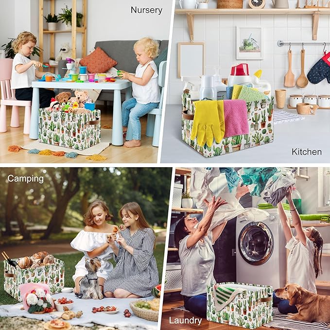Cactus Large Collapsible Storage Baskets for Organizing Shelves with Handles, Decorative Storage Cube Bin for Organizing Clothes Toy Nursery