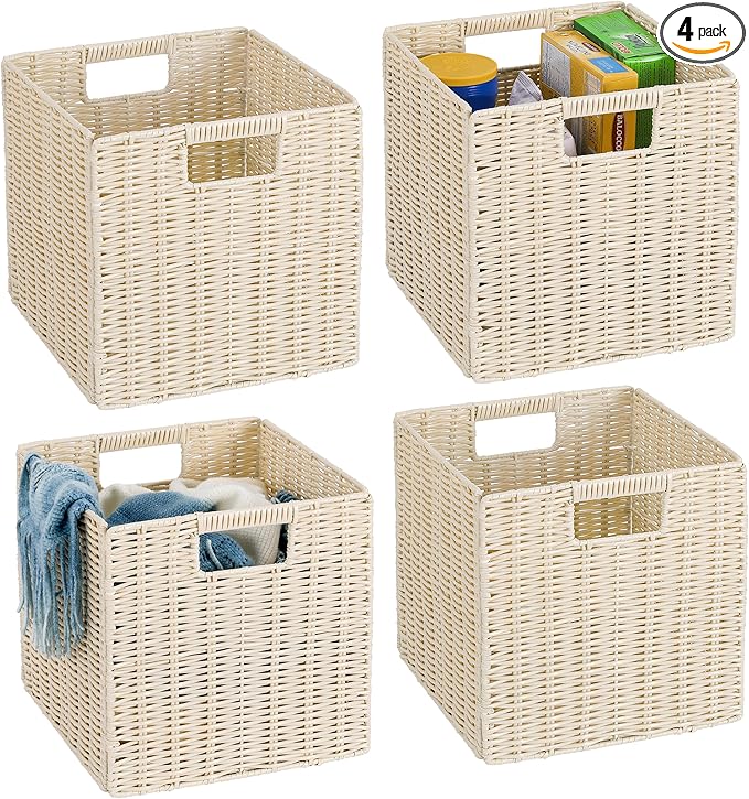 TAIMEI&G02 10.5 x 10.5 in Plastic Wicker Baskets for Cube Storage, Collapsible Square Wicker Storage Basket Set of 4, Rattan Storage Cube, Square Baskets for Shelves - lvory