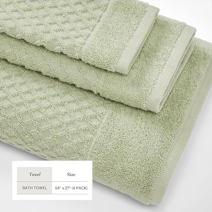 Great Bay Home Bath Towels - 100% Cotton 4 Pack 54x27 Bath Towel Set - Absorbent, Durable, Quick-Dry Towels for Bathroom (Pale Green)