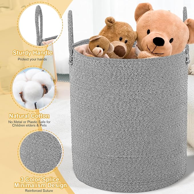 Large Woven Laundry Basket Hamper,60L Cotton Rope Storage Baskets for Blankets in living room,Decor Tall Laundry Bin for Toys Storage,Clothes Basket,Baby Basket,White and Blue