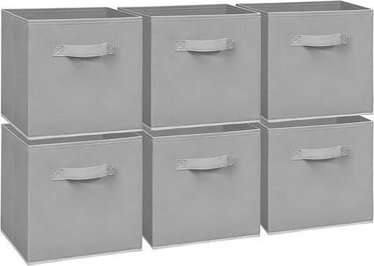 Easi 11 inch Cube Storage Bins, 6 Storage Cube Organizer, Collapsible Fabric storage cubes with Handles, Closet Storage Basket For Organization, Shelf Basket For Shelves Clothes Books, Gray
