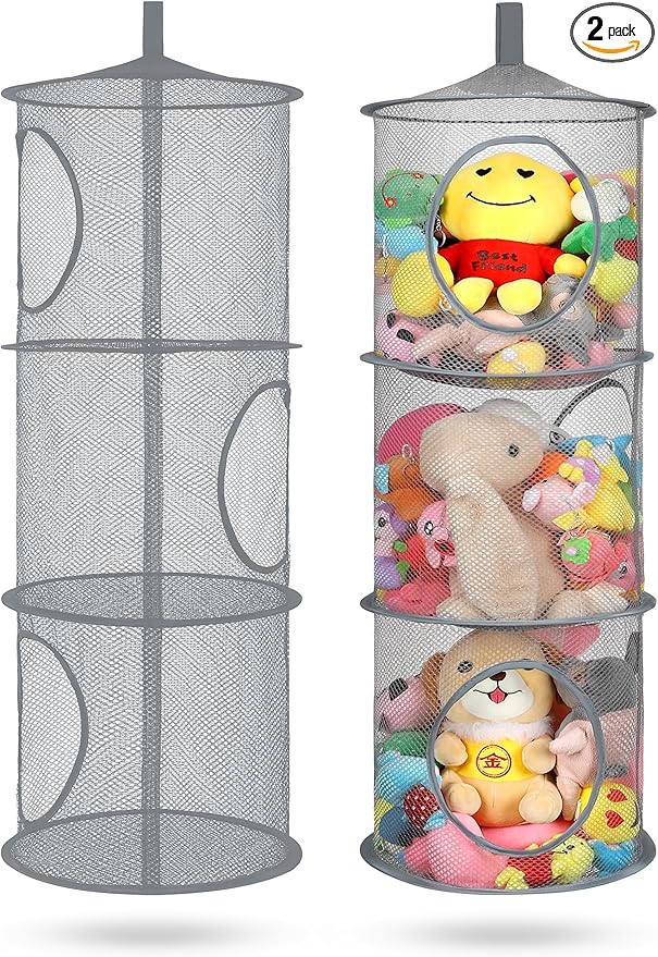 coastal rose 2Pcs Stuffed Animal Storage Foldable Stuffed Animal Net or Hammock Organizer, 3 Compartments Hanging Mesh Toy Storage Hammock for Kid Room Toys, Gloves, Hats, Socks（Grey）
