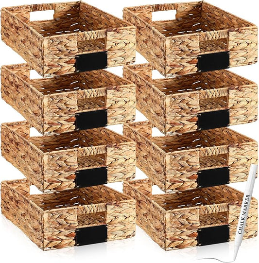 Nitial 8 Pcs 16 x 12 x 5 Inch Wicker Storage Basket, Rectangular Water Hyacinth Storage Baskets for Shelving, Foldable Woven Pantry Organizer with Chalkboard Label and Chalk Marker (Natural)