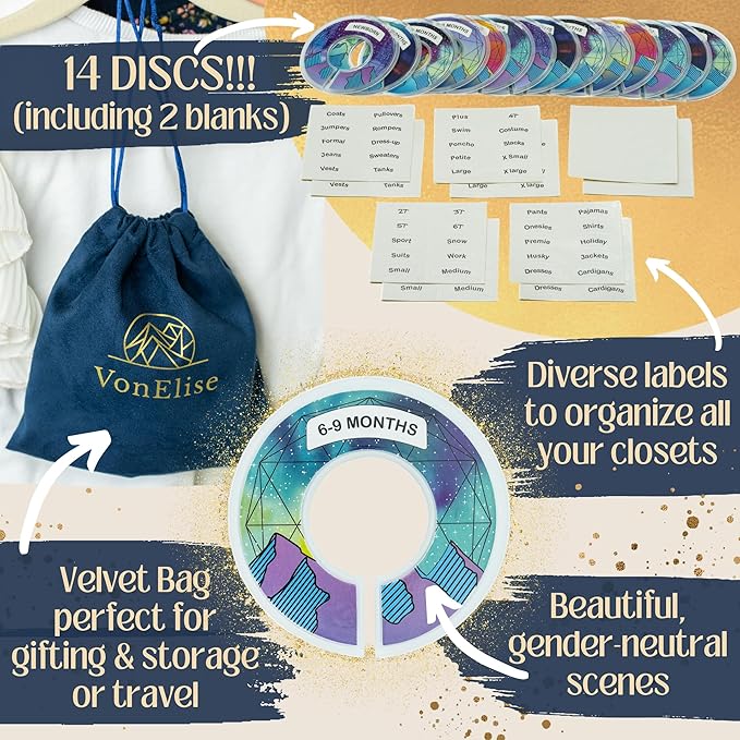 Baby Closet Dividers 14 Pcs Baby Clothes Organizer for Boy or Girl - Double-Sided Baby Clothes Size Age Dividers - 100 Stickers - Unisex Baby Clothes Dividers Nursery Shower - Velvet Bag to Hang