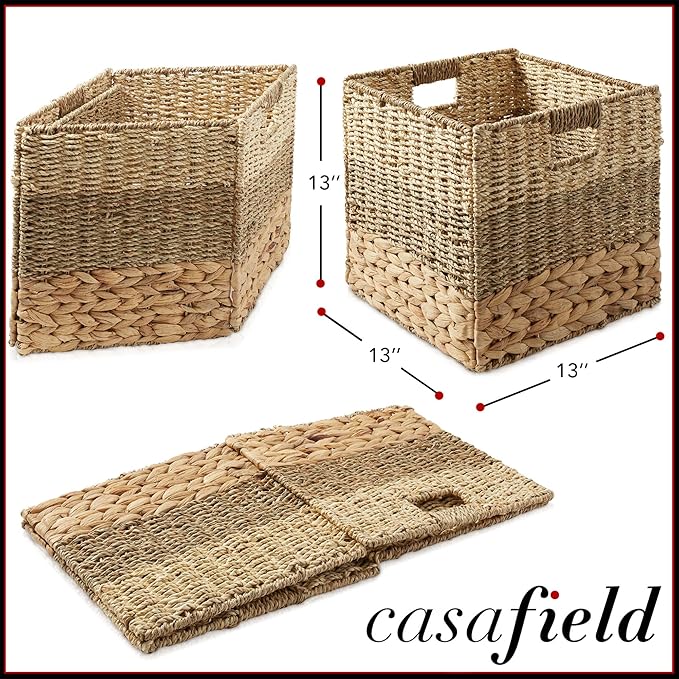 Casafield 13" x 13" Mixed Weave Storage Baskets, Natural - Set of 2 Woven Hyacinth Seagrass Wicker Storage Cube Bins for Bathroom, Bedroom, Laundry, Pantry, Shelves