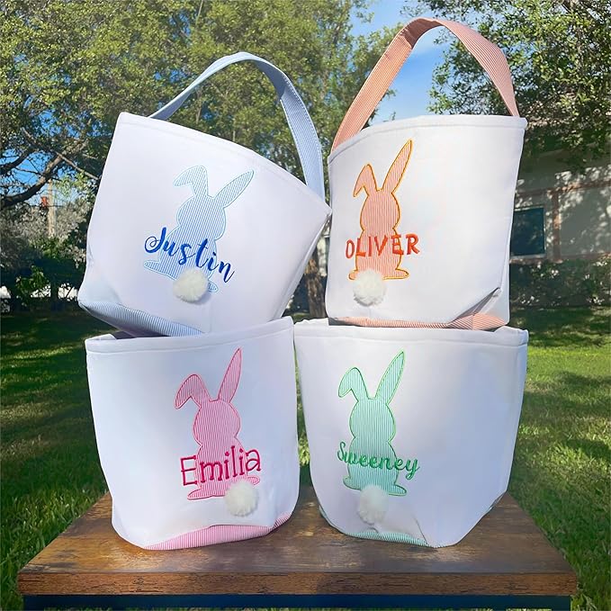 MT WORLD Toddler Easter Bunny Basket Personalized Easter Egg Bucket for Kids with Name Canvas Rabbit Bucket Tote for Baby Boys Girls Easter Egg Hunts Decorations Candy Gifts Storage (Pink Bunny)