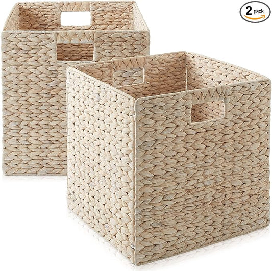 Casafield 13" x 13" Hyacinth Storage Baskets, Whitewash - Set of 2 Storage Organizers, Woven Wicker Cubes for Bathroom, Bedroom, Laundry, Shelves