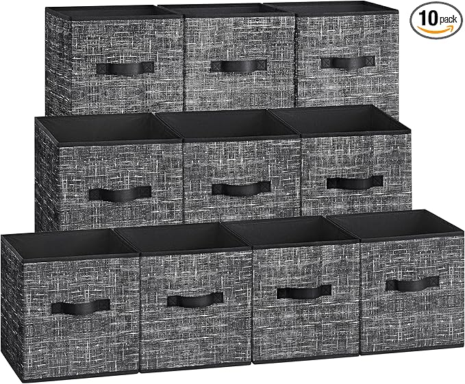 SONGMICS Storage Cubes, 10.2 x 10.2 x 11 Inches Non-Woven Fabric Bins with Double Handles, Set of 10, Closet Organizers for Shelves, Foldable, for Clothes, Ink Black UROB126B01