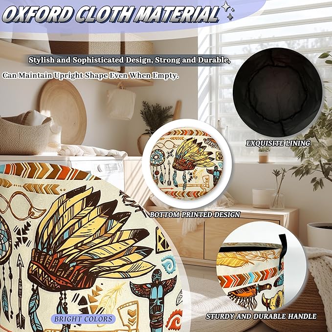 Feather Printed Laundry Basket Oxford Cloth Foldable Boho Laundry Hamper With Handle Portable Clothes Storage Organizer Basket 18.9x16.5Inch Laundry Bag For Laundry Room/Bedroom/Bathroom/Dormitories
