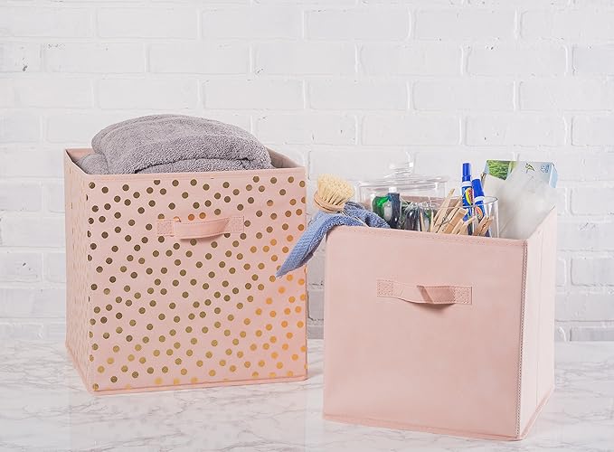 DII Non Woven Polyester Storage Bin, Polka Dot, Pink & Gold, Small Set of 2