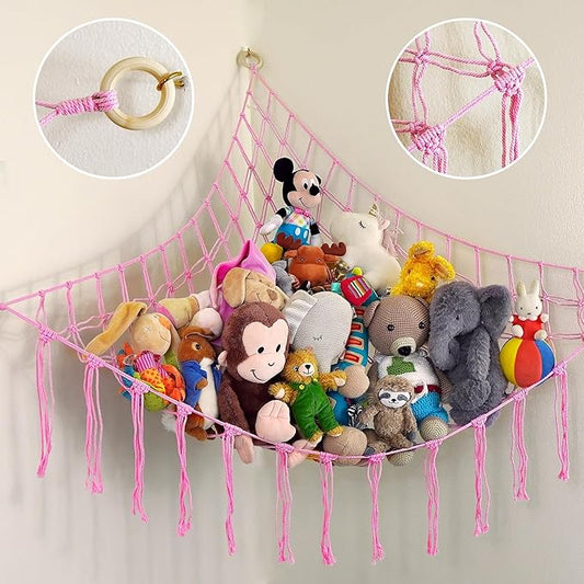 Large Stuffed Animal Hammock Corner - Stuffed Animal Storage - 100% Natural Cotton Macrame Stuffed Animal Net - Stuff Animal Organizer - Net For Stuffed Animals Corner Large-Pink