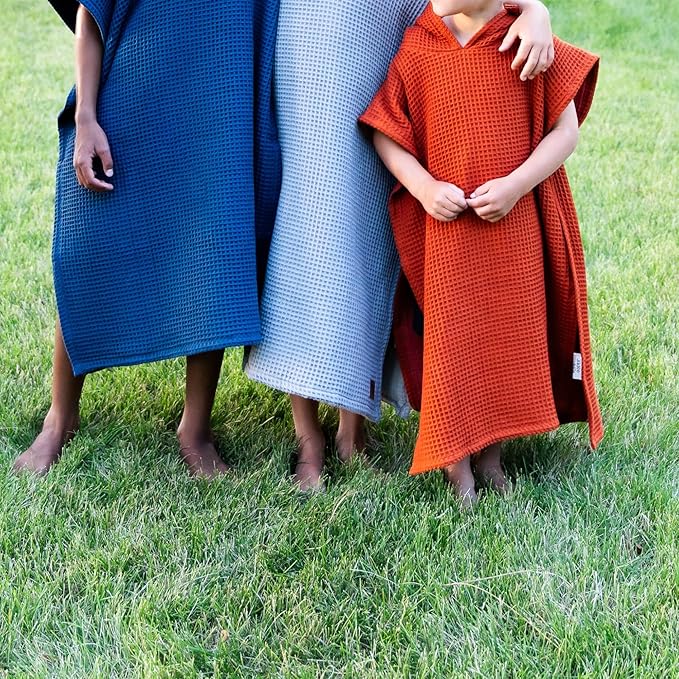Jade&Kai Hooded Towel for Kids | Snaps into a Poncho | Organic Cotton Waffle | Lightweight and Absorbent | Bath, Beach, and Pool | Multiple Colors | (Large (6-10 Yrs), Toasted Acorn)