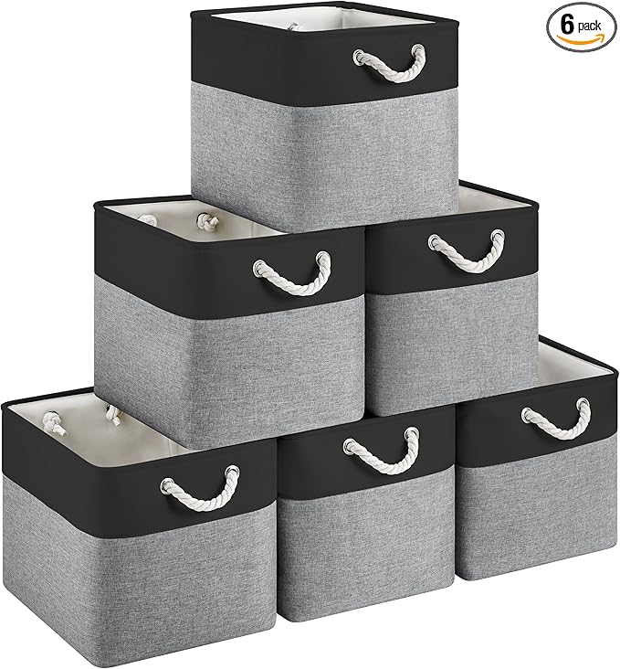 13x15x13 Storage Cube Bins, Heavy Duty Foldable Fabric Storage Bins with Handles and Metal Frame, 6 Pack Large Closet Organizer Bins for Clothes, Socks, Towels, Black Grey