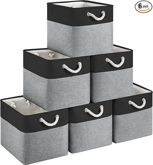 13x15x13 Storage Cube Bins, Heavy Duty Foldable Fabric Storage Bins with Handles and Metal Frame, 6 Pack Large Closet Organizer Bins for Clothes, Socks, Towels, Black Grey