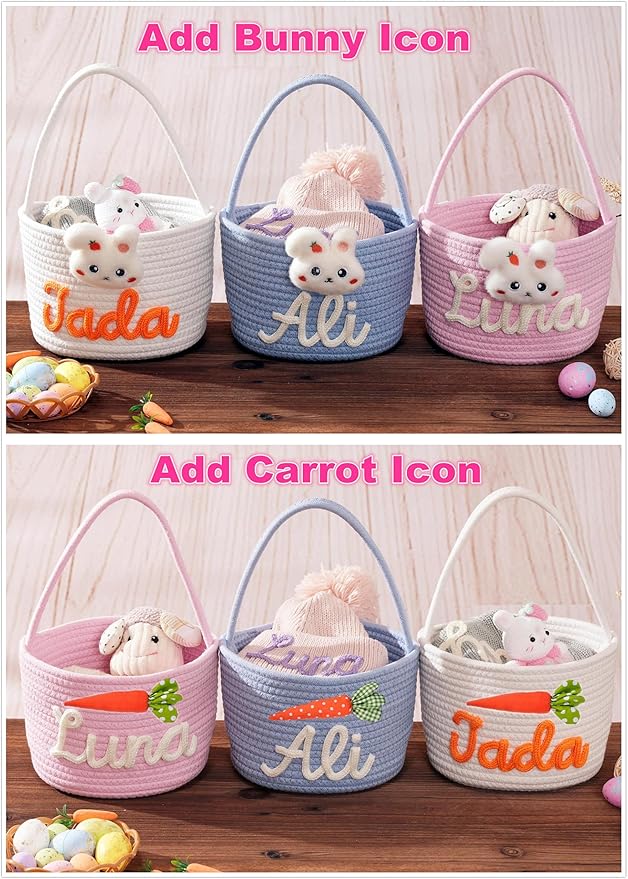 JUPPE Custom Easter Basket, Personzlized Bunny Basket with Kids Name, Cotton Rope Storage Organizer Nursery Decor Easter Eggs Gift (Bunny Basket)