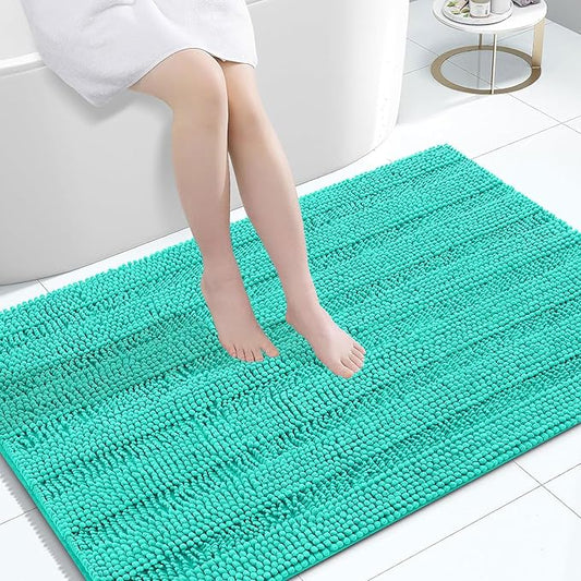 Grandaily Chenille Striped Bathroom Rugs 47x32, Extra Thick and Absorbent Bath Mats, Non-Slip Soft Plush Shaggy Shower Carpet, Machine Wash Dry, Bath Rug for Bathroom, Teal